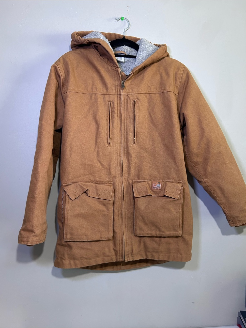 Carhartt Kids Sherpa Lined Canvas Hooded Jacket Brown Youth Large 16